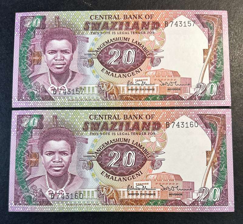 Swaziland 20 Enalangeni notes x 2 - 1986