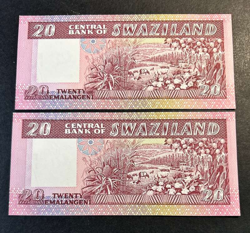 Swaziland 20 Enalangeni notes x 2 - 1986