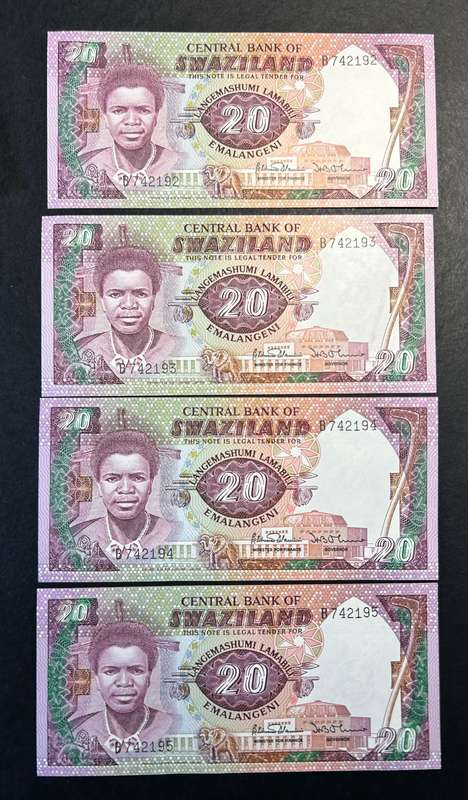 Swaziland 4 x 20 Emalangeni notes. 1989