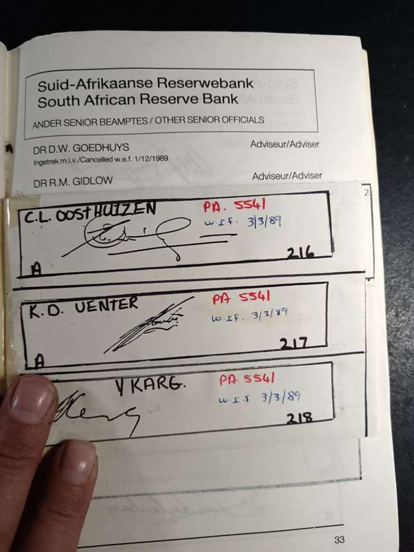 A book containing specimen signatures of people at the reserve bank