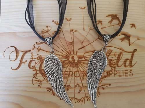 Angel Wing Pendant On Black Ribbon Necklace
