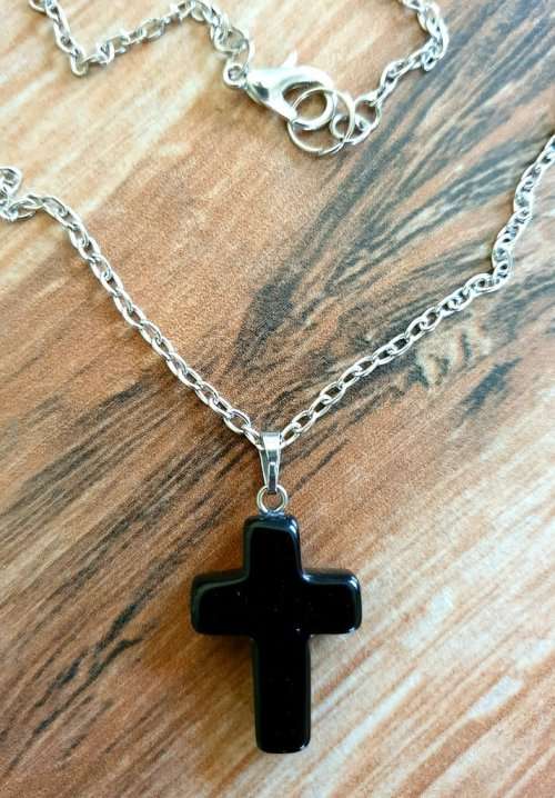 Black Agate Cross Necklace, Black Crystal Esoteric Jewellery, Organic Black Agate Necklace