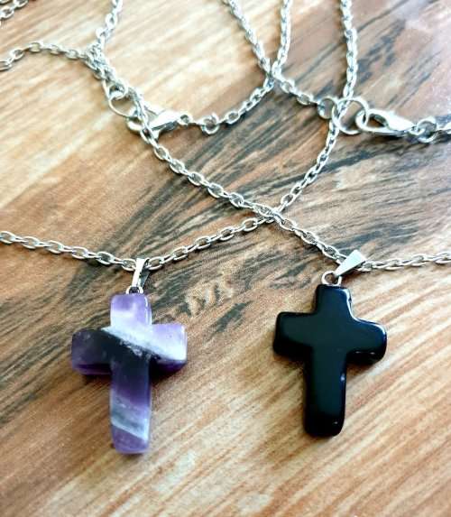 Black Agate Cross Necklace, Black Crystal Esoteric Jewellery, Organic Black Agate Necklace
