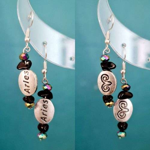 Aries Star Sign Zodiac Earrings With Black Onyx and Fire Aura Glass