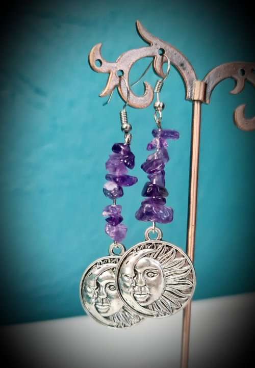 Sun and Moon Face With Amethyst Earrings
