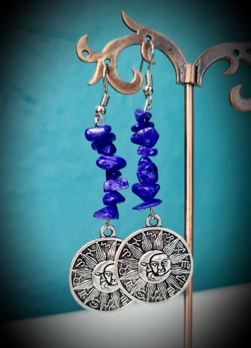 Zodiac Sun and Moon With Lapis Lazuli Earrings