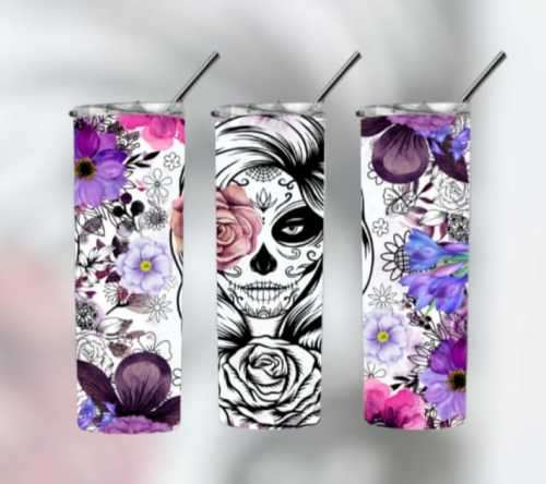 Pink & Purple Sugar Skull Day Of The Dead Stainless Steel Tumbler With Straw