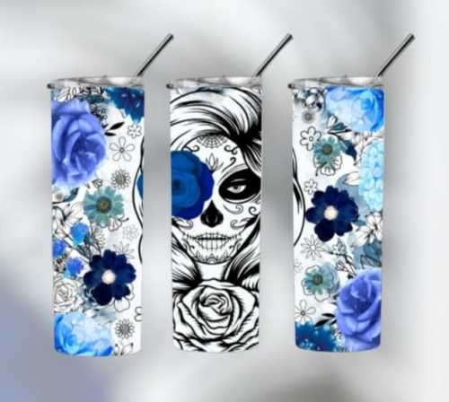 Blue Sugar Skull Day Of The Dead Stainless Steel Tumbler With Straw