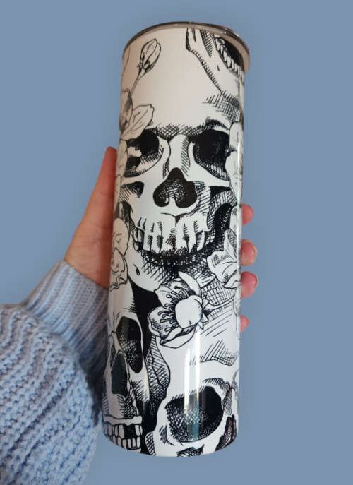 Floral Skulls Black & White Stainless Steel Tumbler With Straw
