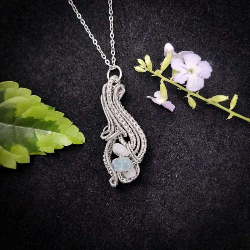 Rolling Drop Pendant, Silver Coloured Copper, Moonstone & Aquamarine Chips Necklace Twisted & Stoned