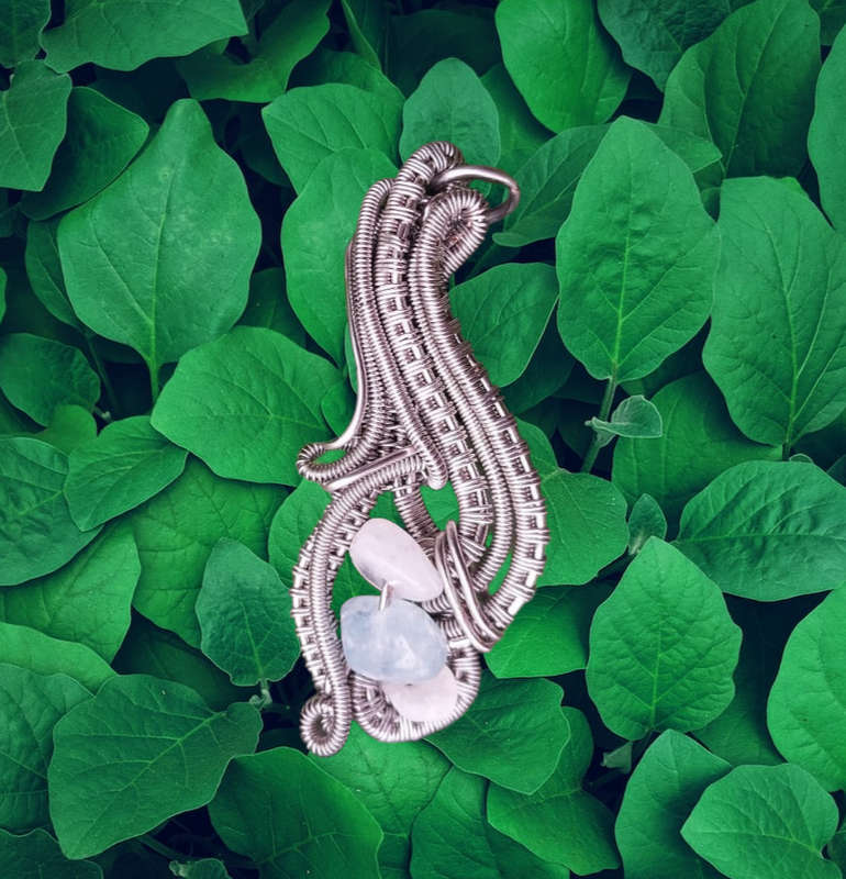 Rolling Drop Pendant, Silver Coloured Copper, Moonstone & Aquamarine Chips Necklace Twisted & Stoned