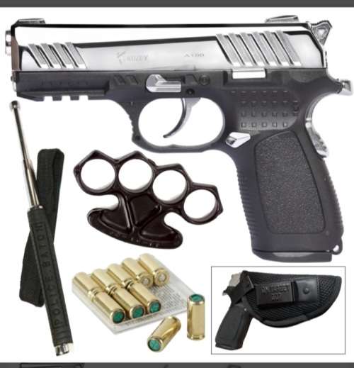 Kuzey A100 Chrome Blank Gun with 10 Blanks, Holster, Extendable Baton and Knuckle Duster