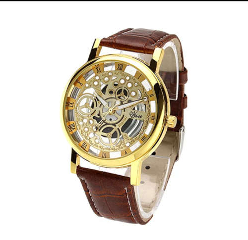PU Leather Hollow Dial Analog Rome Digital Quartz Wrist Watches Brown New Design