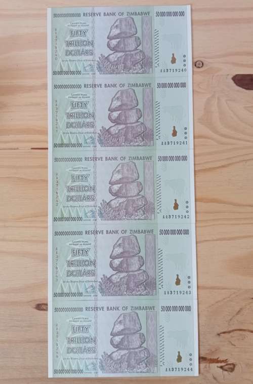 Set of 5 x 50 Trillion Zimbabwe Dollar Notes AA Series UNC