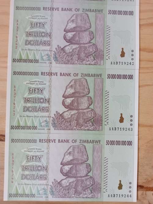 Set of 5 x 50 Trillion Zimbabwe Dollar Notes AA Series UNC
