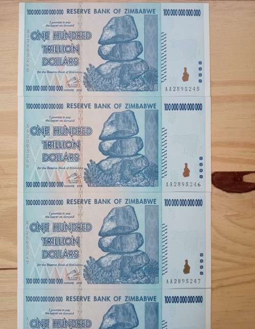 Set of 6 x 100 Trillion Zimbabwe Dollar Notes AA Series UNC