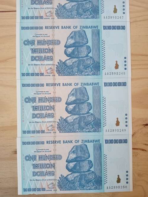 Set of 6 x 100 Trillion Zimbabwe Dollar Notes AA Series UNC