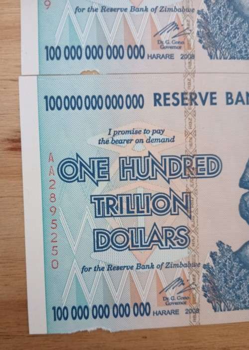 Set of 6 x 100 Trillion Zimbabwe Dollar Notes AA Series UNC