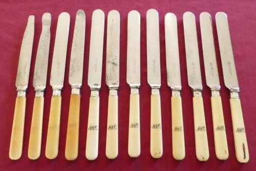 Set of 12 large Victorian bone handled knives - silver collars (b)