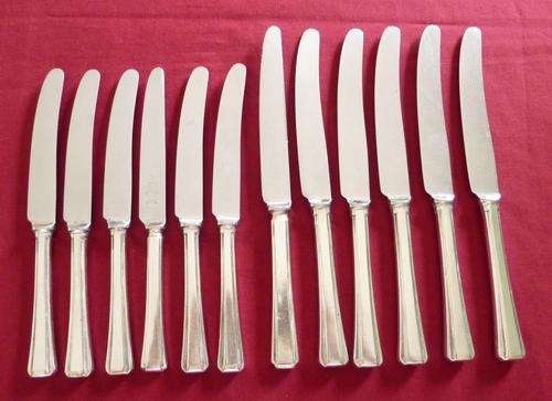 Set of art deco silver plated knives - six large - six small