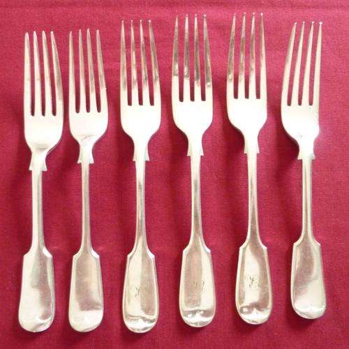 Six Victorian fiddle pattern dessert forks