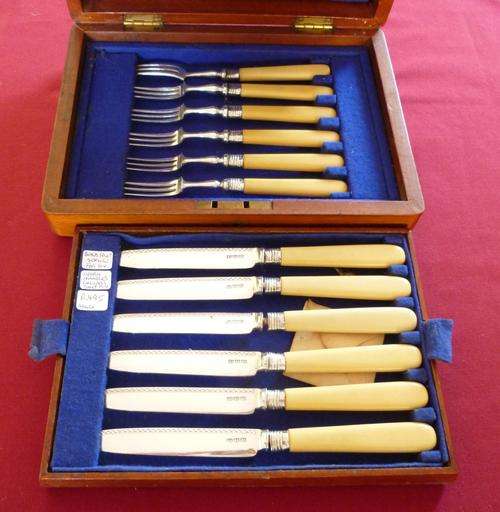 Walnut cased fruit set - ivory handles