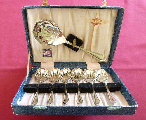 Boxed set of six silver plated ice-cream spoons and server