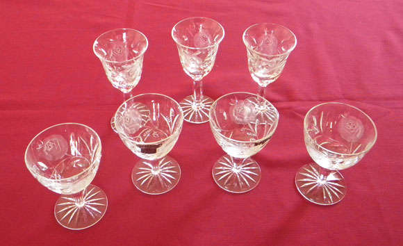 Seven rose cut crystal glasses