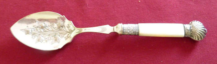 Victorian silver plate and mother of pearl jam spoon