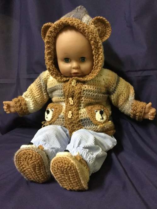 Crocheted Baby Boy Hooded Jacket & Shoes Set - Earthy Colors  - Teddy Applique