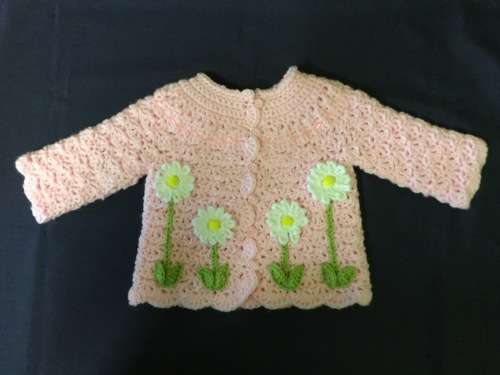 Crocheted Baby Girl Jacket & Shoes Set - Pink  - Daisies Applique (0-3+ Months)