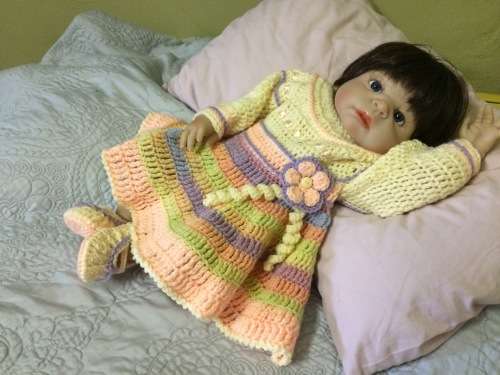 Crocheted Baby Girl Sunday Dress and Shoes Set - Beautiful Photo Prop! (0-3+ Months)