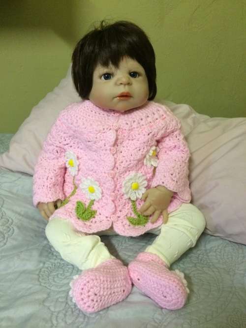Crocheted Baby Girl Jacket & Shoes Set - Pink  - Daisies Applique (0-3+ Months)