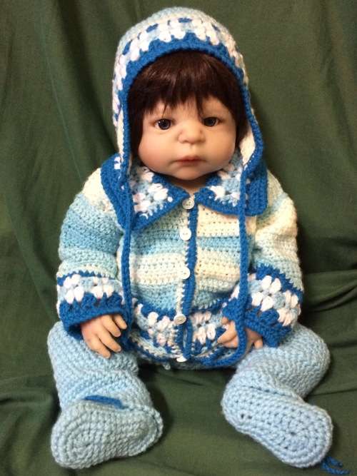 Crocheted Baby Boy Jacket, Pants,  Shoes and Earflap Hat Set (+-3 months)