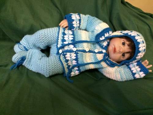 Crocheted Baby Boy Jacket, Pants,  Shoes and Earflap Hat Set (+-3 months)