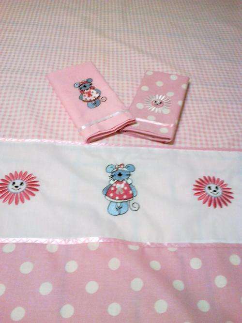 Pink Check Embroidered Duvet Cover for Baby with 2 Pillowcases (Mouse & Flowers)