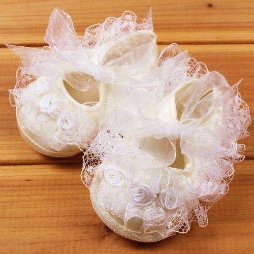 Ivory Christening Soft Sole Shoes - Lace & Ribbon Roses - 6 to 9 Months