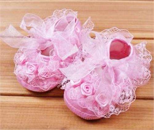 Pink Christening Soft Sole Shoes - Lace & Ribbon Roses - 6 to 9 Months