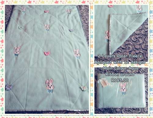 Double Layer Embroidered Fleece Baby Blanket - Aqua Bunnies & 3D Bows.