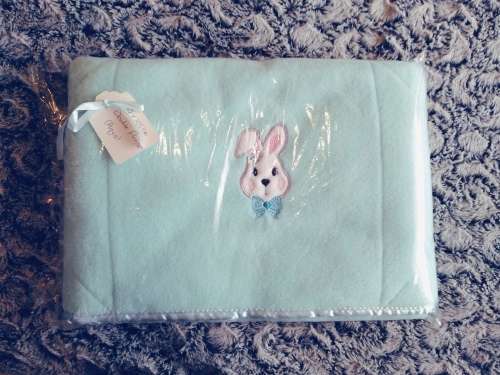 Double Layer Embroidered Fleece Baby Blanket - Aqua Bunnies & 3D Bows.