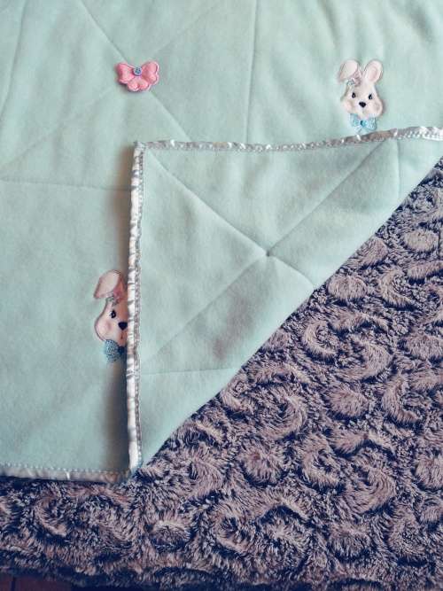 Double Layer Embroidered Fleece Baby Blanket - Aqua Bunnies & 3D Bows.