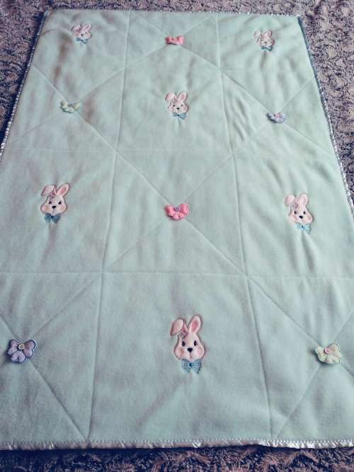 Double Layer Embroidered Fleece Baby Blanket - Aqua Bunnies & 3D Bows.