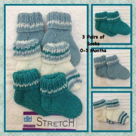HAND KNITTED BABY SOCKS - SET OF 3 PAIRS - NEWBORN TO 3 MONTHS - SHADES OF SAGE GREEN