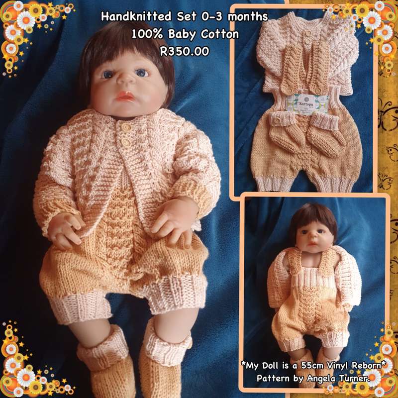 KNITTED BABY JACKET AND DUNGEREENS AND BOOTIES SET - 0 TO 3 MONTHS+