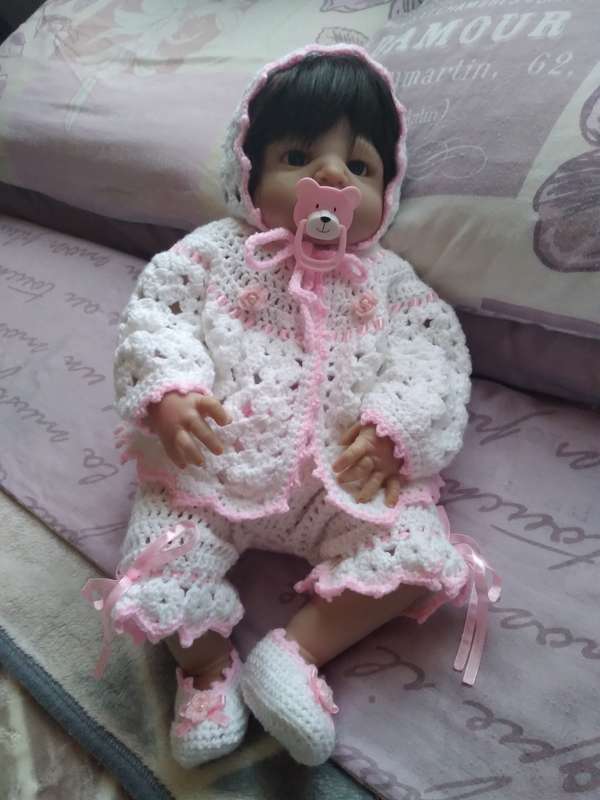 CROCHET BABY JACKET, PANTS, BONNET AND BOOTIES- NEWBORN TO 2 MONTHS - LOVELY FOR A 50CM REBORN DOLL