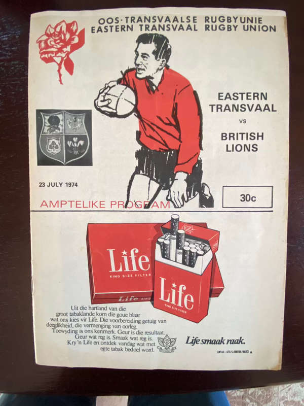 1974 Eatern Transvaal vs British Lions rugby matchday programme