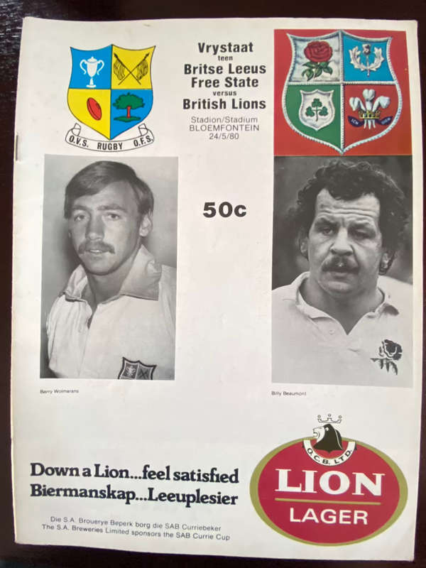 1980 Free State vs British Lions rugby matchday programme