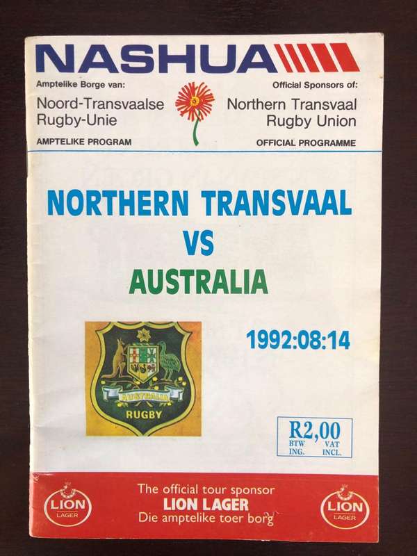 1992 Northern Transvaal vs Australia rugby matchday programme