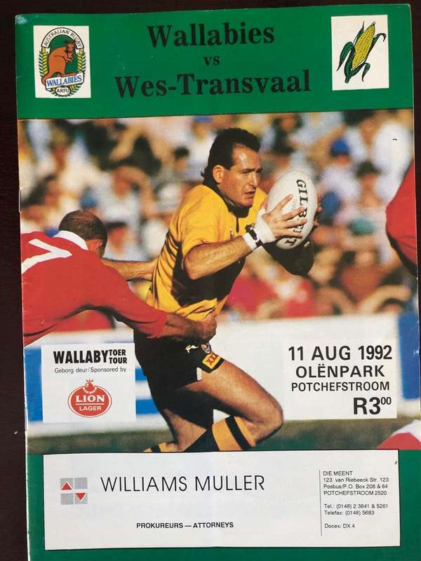 1992 Western Transvaal vs Australia rugby matchday programme