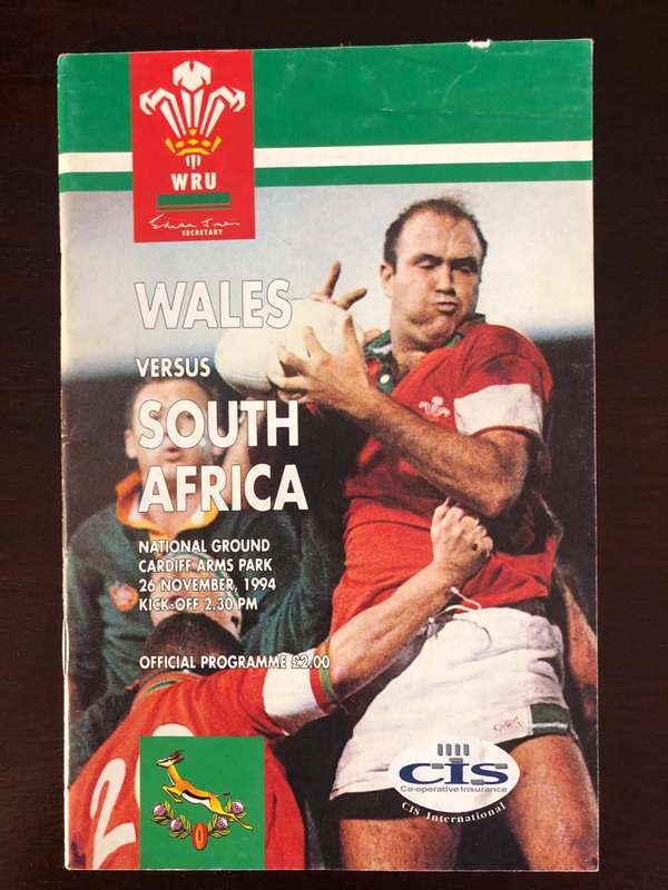 1994 Wales vs South Africa rugby test match day programme